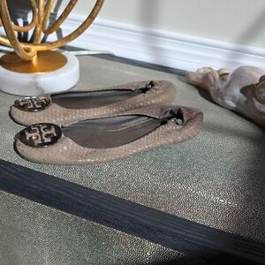 Tory Burch Taupe Textured Reva Ballet Flats with Logo